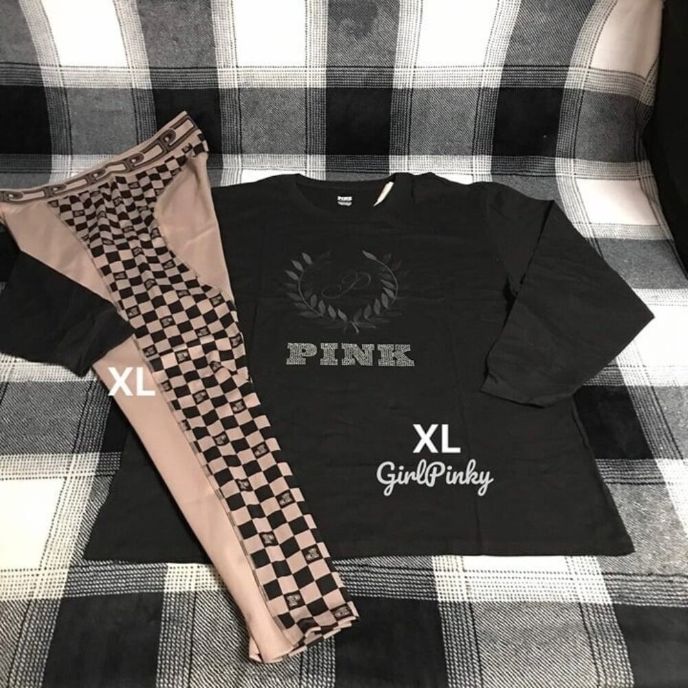 VS PINK Black Bling Logo Campus Tee WITH Checkered Ultimate Leggings EXTRA LARGE